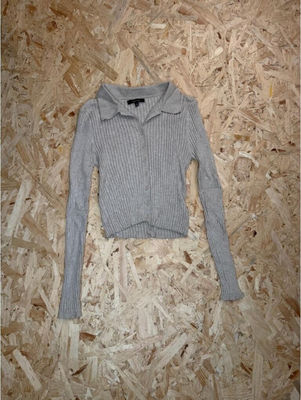 Love Tree Ribbed Knit Cardigan Sweater Womens Large Gray Button Up Collared Crop